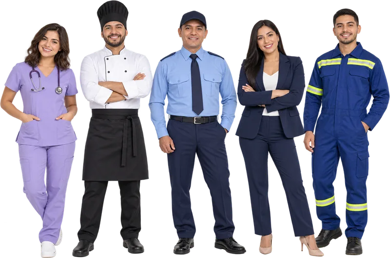 Equipo de trabajadores con uniformes de distintos sectores